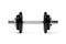 Single fitness gym dumbbell with chrome handle and black plates front view over white background, muscle exercise, bodybuilding or