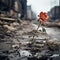 Single flower standing against a backdrop of desolated urban architecture, AI-generated.