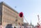 A single fragile red flower in bloom in front of the royal palace in Stockholm, Sweden, which is blurred in the background