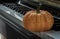 Single fresh orange pumpkin stands on the Piano eyboard