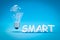 single glass lightbulb with filament wire floating in the air over infinite blue background white lettering smart 3D