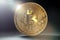 Single golden bitcoin coin in shining light.  Wealth, digital, virtual, currency, and cryptocurrency concept
