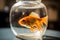 Single goldfish swimming in round glass bowl aquarium. Generative AI