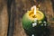 Single green ball-shaped candle with a dry flower burning on a rustic wooden table close-up