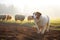single guard dog facing off with curious sheep in morning mist