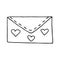 Single hand drawn envelope with a love message. In doodle style, black outline isolated on a white background. Cute element for