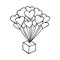 Single hand drawn gift box on a bunch of balloons-hearts. In doodle style, black outline isolated on a white background. Element