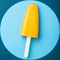 Single homemade orange popsicle on a blue background. Top view