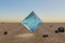 single ice prism pyramid cube hovering in the air in large empty desert environment abstract surreal concept 3D Illustration