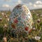 Single, intricately decorated Easter egg on bed of spring grass