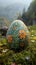 Single, intricately decorated Easter egg on bed of spring grass