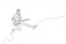 Single line art doodle art image of energetic young guitarist jumping on stage and playing guitar.