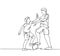 Single line drawing of father and son playing football together on outdoor field and giving high five gesture. Parenting concept