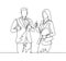 Single line drawing group of young happy couple businessman and businesswoman standing up together giving thumbs up gesture.