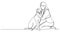 single line drawing of woman kneeling on floor hugging her dog