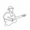 Single line drawing of young guitarist man at stage and playing his electric guitar. Standing young male with hat showing his