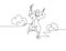 Single line drawing of young happy college student jumping high to celebrate his school graduation. Education celebration concept