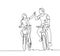 Single line drawing of young happy couple riding bicycle romantically holding hands together at outdoor park. Love relationship