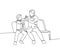 Single line drawing of young happy father sitting relax on wood bench next to his kid and giving high fives gesture. Parenting