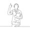 Single line drawing of young happy field project manager wearing headset and carrying clipboard while working. Field manager work