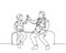 Single line drawing of young happy male doctor checking up sick patient boy and give high five gesture. Medical healthcare service