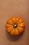 A single miniature pumpkin on a textured orange surface for harvest Halloween October November home decor