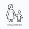 Single mother flat line icon. Vector outline illustration of woman and child. Black thin linear pictogram for motherhood