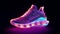 A single neon sneaker glowing brightly against a dark background. Generative ai