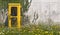 Single old yellow phone booth in retro style in an abandoned place with grass, overgrown with weeds and wildflowers on a summer su