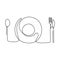 Single one continuous line plate, knife and fork. Vector illustration minimalist design