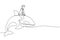 Single one line drawing brave businessman riding huge dangerous orca. Professional entrepreneur male character fight with predator