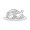 Single one line drawing chicken roasted on platter. Fried poultry sign. Delicious food for gala dinner or thanksgiving. Swirl curl