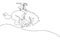 Single one line drawing cowboy taming wild horse at rodeo. cowboy on wild horse mustang. Rodeo cowboy riding wild horse on wooden