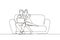 Single one line drawing cozy living room. Young couple gently cuddle on couch and watch movie on their laptop. Happy family life