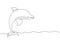 Single one line drawing cute dolphins. Cute blue dolphins, dolphin jumping and performing tricks with ball for entertainment show