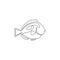 Single one line drawing of funny blue tang fish for aquatic company logo identity. Beauty surgeonfish mascot concept for aquarium