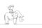 Single one line drawing happy little boy riding elephant. Child sitting on back elephant and travelling. Kids learning to ride