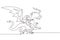 Single one line drawing happy little girl flying with fantasy dragon. Child fly and sitting on back dragon at the sky. Kids