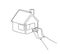 Single one line drawing insert key into keyhole house. Open the doors. Real Estate concept, template for sales, rental,