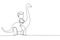 Single one line drawing little boy caveman riding brontosaurus. Young kid sitting on back of dinosaur. Ancient human life concept