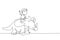 Single one line drawing little boy caveman riding triceratops. Young kid sitting on back of dinosaur. Stone age children. Ancient