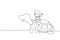 Single one line drawing little girl riding sea turtle. Child sitting on back tortoise with fins diving in beach. Kids learning to