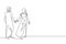 Single one line drawing romantic Arabian couple in love hand in hand. Young couple in love spending time together at park. Happy