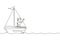 Single one line drawing smiling little boy in sailboat. Happy kids sailing boats. Cute little children on boat. Joyful adventures