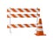 Single orange traffic warning cone or pylon with street barrier on white background - under construction, maintenance or attention