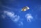 Single parachute jumper against blue sky background