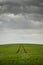 Single path of tyre tracks through green field and over hill beyond with dramatic clouds above