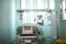 Single patient room with observation window in the intensive care unit, unfocused background