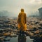 single person with yellow rain cape stands in lots of plastic waste