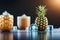 a single pineapple with ice cubes. summer background